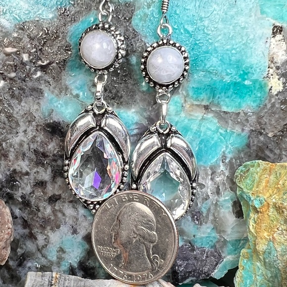 White topaz & rainbow moonstone earrings (Z-6) - Picture 2 of 5